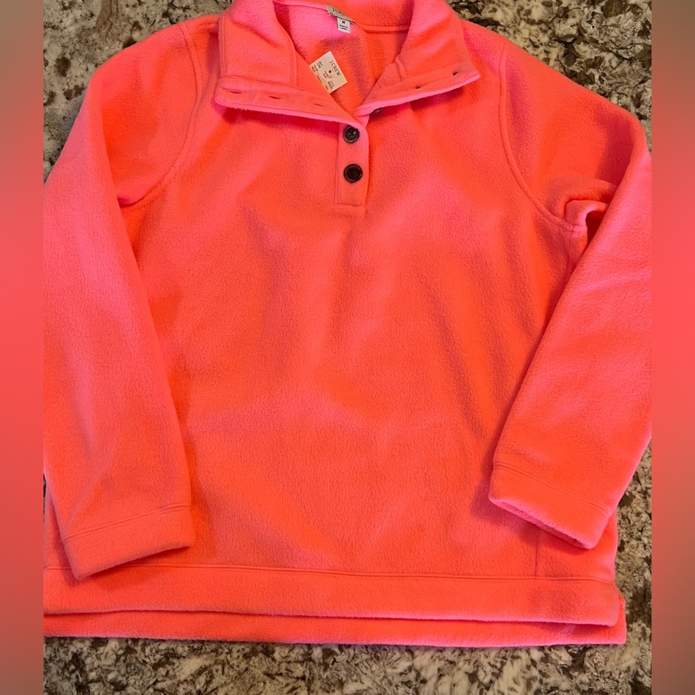 J Crew Women’s NEW Medium Quarter Button Neck Fleece Pullover Bright Neon Top